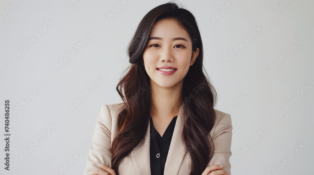 A close-up portrait of a confident brunette asian businesswoman with a smile face on studio gray background A close-up portrait of a confident brunette asian businesswoman with a smile face on studio gray background
