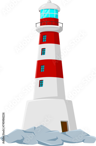 Cartoon Lighthouse, isolated vector beacon building. Nautical seafarer with red or white stripes. Marine safety sailing searchlight tower for maritime navigational guidance, sea navigator architecture