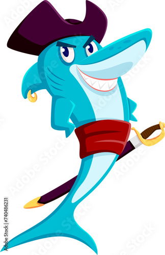 Cartoon sea shark pirate corsair animal character with toothy grin, tricorn hat and cutlass. Isolated vector marine predator, charismatic filibuster underwater personage ready for oceanic adventures