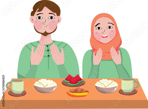 Muslim Family Eat Food Together in Ramadan Kareem Iftar