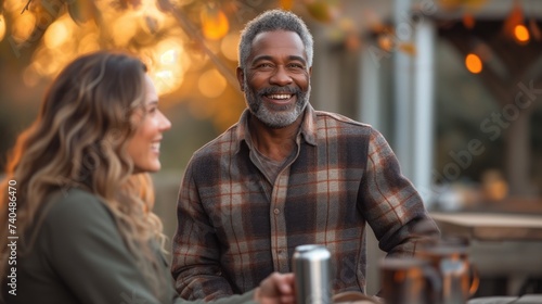 a man and a woman enjoying a conversation outdoors with drinks in hand. 