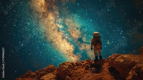 A daring spaceman embarked on a mission to Mars, eager to capture the ultimate selfie against the crimson backdrop of the Martian landscape. photo