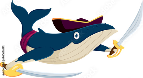 Cartoon whale pirate corsair animal character. Vector whimsical underwater rover personage with a tricorn hat, and dual sabers, navigates the high seas seeking fishy treasures and aquatic adventures