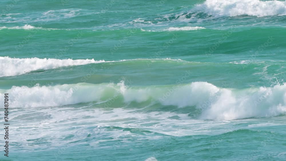 Emerald Sea Waves Forming and Breaking Creating White Foam While Rolling on Sunny Day in Tropics Emerald Sea Waves Forming and Breaking Creating White Foam While Rolling on Sunny Day in Tropics
