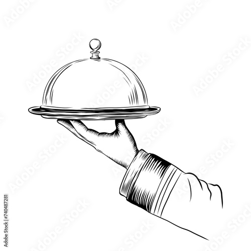 Hand of waiter holding metal tray with cloche. Vector hand drawn Illustration isolated on white. retro restaurant staff for design menu eatery, canteen, cafe, room service. Vintage   Engraved style