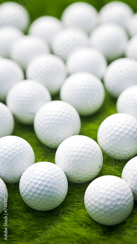 A Splendid Array of Golf Balls Perfectly Lined up on a Vivid Green Golf Course Under the Warm Sun