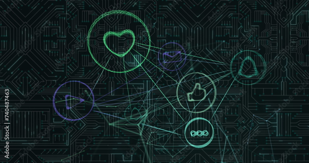 Image of connected icons over digital screen