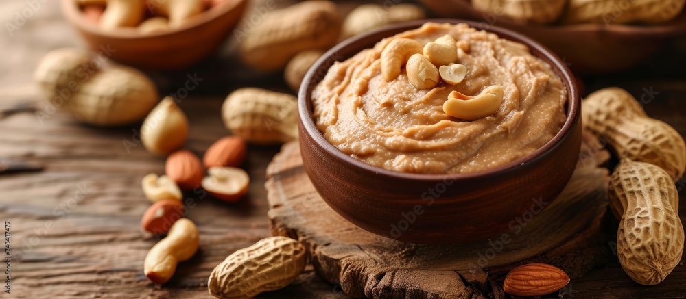 A bowl of creamy peanut butter sits among a pile of whole peanuts on a rustic wooden table, ready to be used as an ingredient in various dishes or spread on baked goods