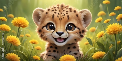 Closeup banners of Adorable Baby Cheetah Surrounded by Beautiful yellow flowers  Beautiful cute baby animal wallpapers  Cute baby animals for kids wall art