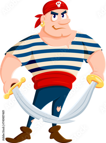 Cartoon sea pirate or corsair sailor character. Isolated vector personage with cunning grin, wearing tattered attire, brandishing gleaming swords, ready for high-seas adventures and daring exploits
