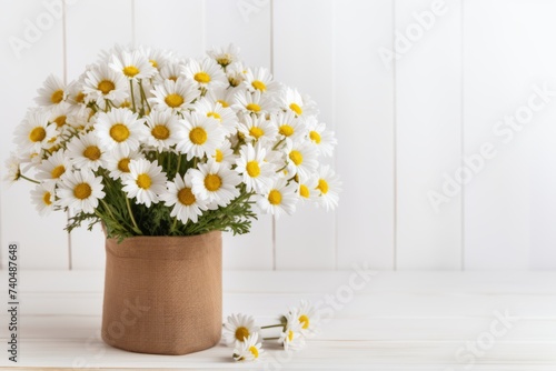 Bouquet of daisies in a vase on a white wooden background