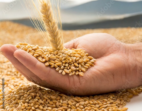 Close up photo of a hand holding wheat grain photo