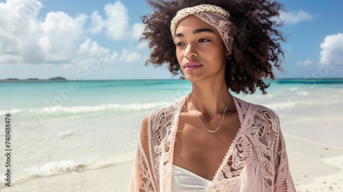 Go for a beachychic vibe with a flowy kimono coverup crochet top and a braided headband while soaking up the sun on a secluded stretch of sand. photo