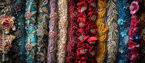 A collection of vibrant fabric pieces featuring intricate flower patterns, perfect for fashion enthusiasts.