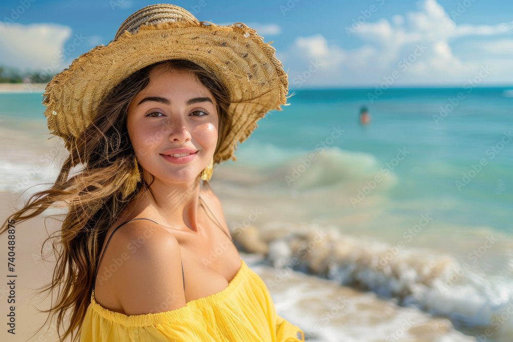 Beautiful attractive woman in yellow dress and straw hat on the beach, Summer vacation concept