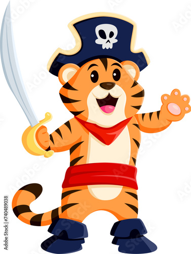 Cartoon tiger pirate animal character. Isolated vector fierce, swashbuckling, striped jungle cat, cute personage in captain hat with a skull, wielding a gleaming saber, ready for high-seas adventures