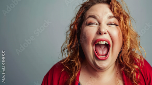 Portrait of a fat woman laughing loudly on gray background.