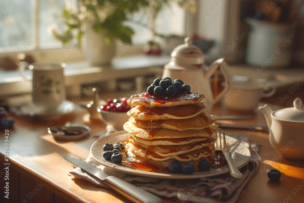 Delicious pancakes close up, with fresh blueberries and maple syrup