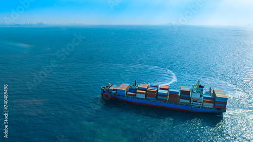 Aerial view of the freight shipping transport system cargo ship container. international transportation Export-import business, logistics, transportation industry concepts 
