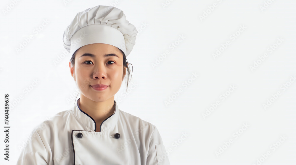 Portrait of a smiling asian young female chef on white background in studio. Portrait of a smiling asian young female chef on white background in studio.