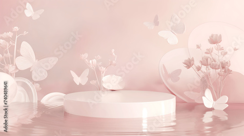 Spring pink podium mockup for cosmetics, products, perfume or jewelry, shampoo, shower gel, marble, sunlight,water, butterfly