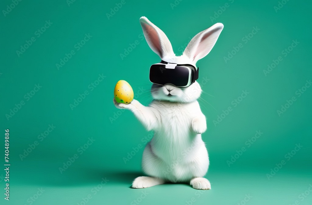 A white Easter bunny wearing virtual glasses holds an Easter egg in his paws. Green background. Technologies. Easter. A white Easter bunny wearing virtual glasses holds an Easter egg in his paws. Green background. Technologies. Easter.