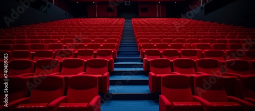 A row of vibrant red chairs in an empty auditorium waiting for an audience to arrive