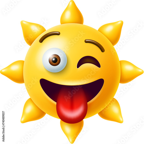 3D sun emoji, cool and cute yellow sunny character, cartoon vector emoticon. Sun emoji with happy face, winking with tongue out, kid mascot or emoticon shiny smiling sun with silly expression