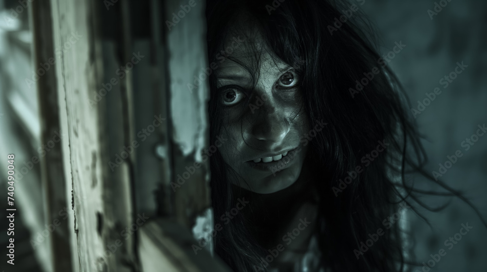 Intense woman peeking through darkness. Intense woman peeking through darkness.