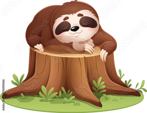 Cartoon lazy sloth animal character sleeping on stump. Vector cute tropical personage peacefully sleep on tree stub, its eyes closed and a content smile on its face, express relaxation and tranquility