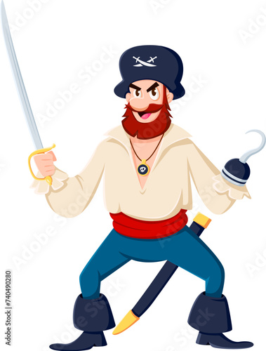 Cartoon sea pirate sailor and corsair captain character. Isolated vector lively filibuster personage with a sinister hook hand and saber, wearing a tricorn hat, ready for adventures on the high seas