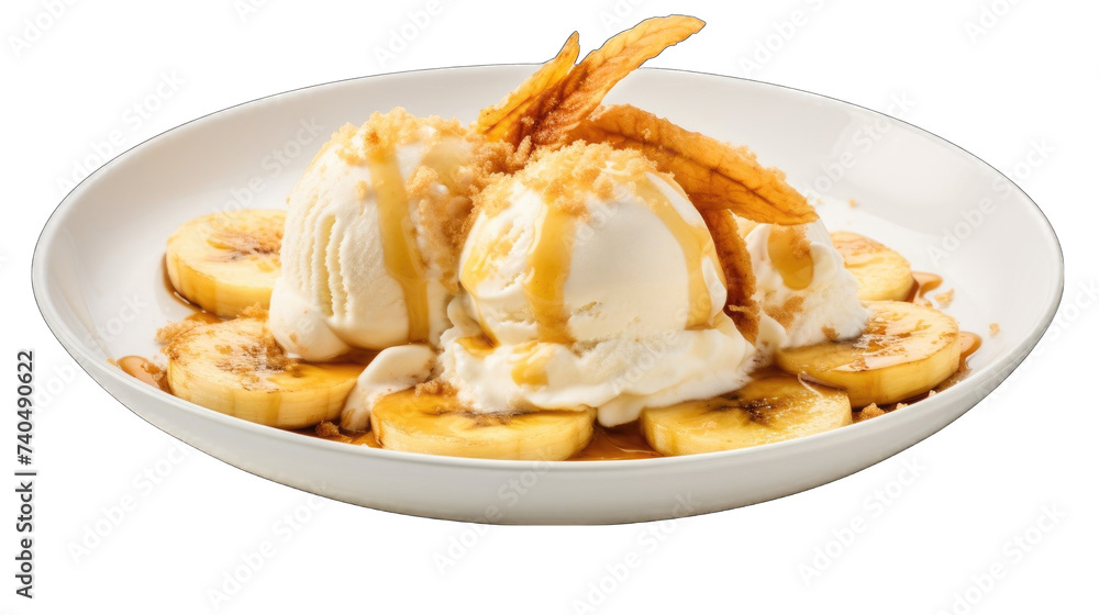 macro Bananas Foster with Vanilla Ice Cream on white plat png macro Bananas Foster with Vanilla Ice Cream on white plat png