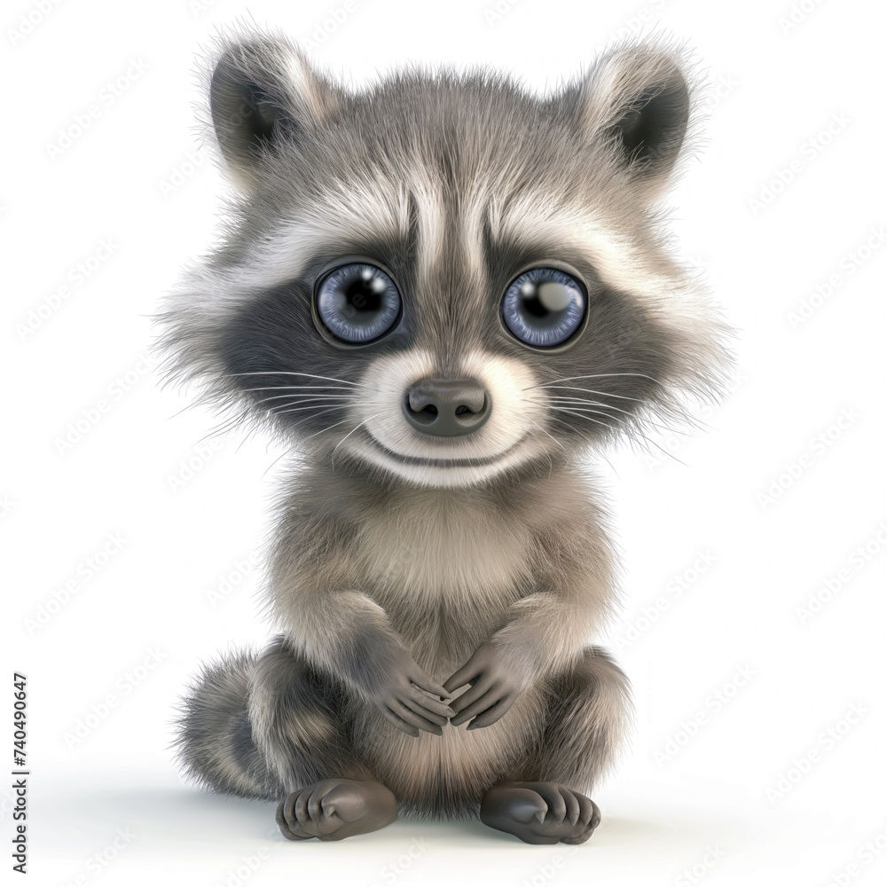 Cute raccoon in 3D style on a white background
