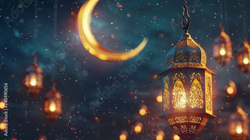 Islamic decoration background with lantern and crescent moon luxury style, ramadan kareem, mawlid, iftar, isra miraj, eid al fitr adha, muharram, copy space text area Eid Ul Fitr - generative ai