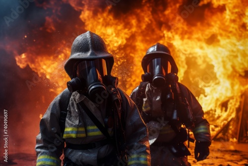 Two firefighters in uniform, against the background of the fire