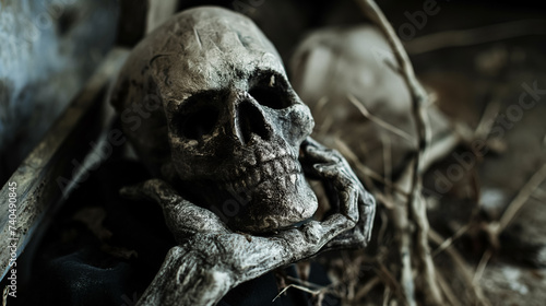 Skull resting on hand  dark eerie setting.