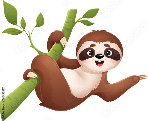 Cartoon cute sloth character hangs from tree branch. Isolated vector cheerful, tropical, jungle animal personage with a big smile, lazy yet lovable and friendly, radiating positivity and saying hello