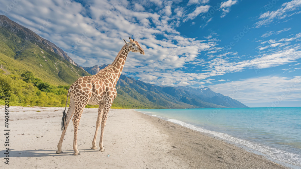 Obraz premium Giraffe walks on the beach of the turquoise sea 