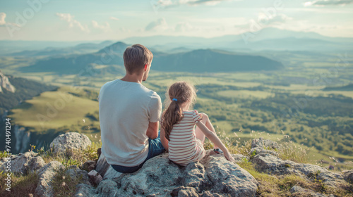 Father and daughter sit on the edge of a cliff and watch nature 