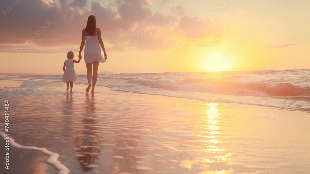 A woman walks with her child along the sea coast at sunset
