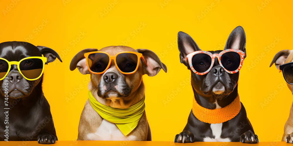 Funny dogs wearning glasses on a yellow background generated ai