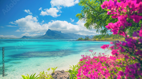 Sandy coast of a beautiful turquoise sea, with bright pink flowering bushes 