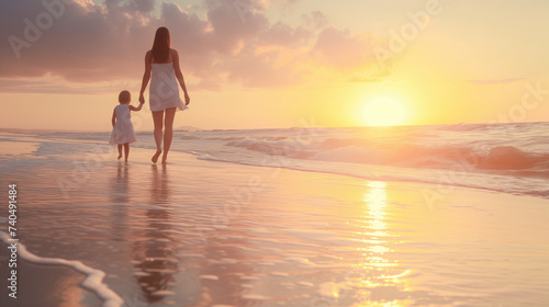 A woman walks with her child along the sea coast at sunset 