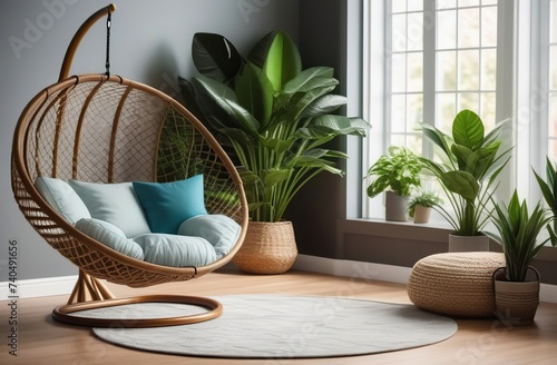 Lounge area interior with comfortable papasan chair and houseplants