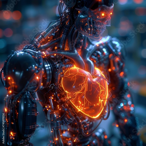 A glowing neon heart within a robotic chest symbolizing the mystery and spirituality of futuristic beings