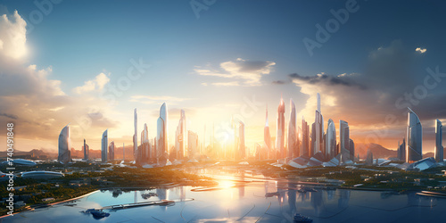 Future mega city complex in sunset light generated ai