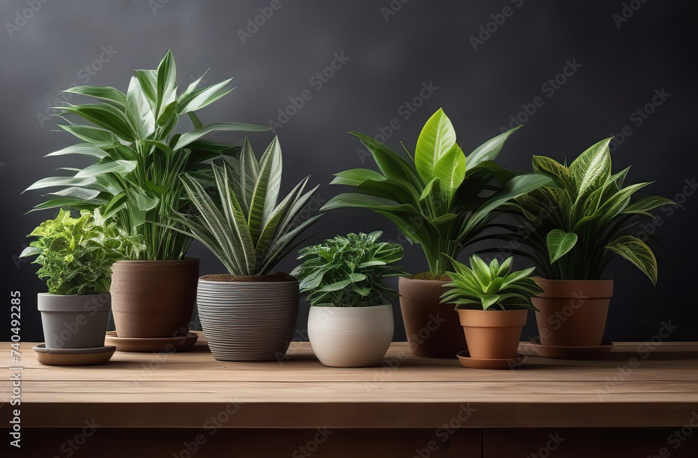 Variety of popular potted houseplants over a rustic farmhouse wooden table with space for text.