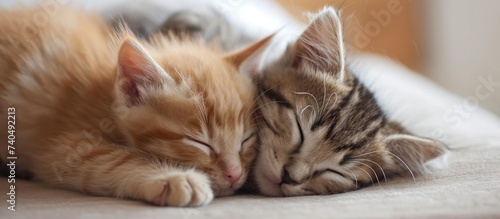 Two small to mediumsized cats, part of the Felidae family, with whiskers and fur in a fawn color, are peacefully sleeping next to each other on a comfortable bed