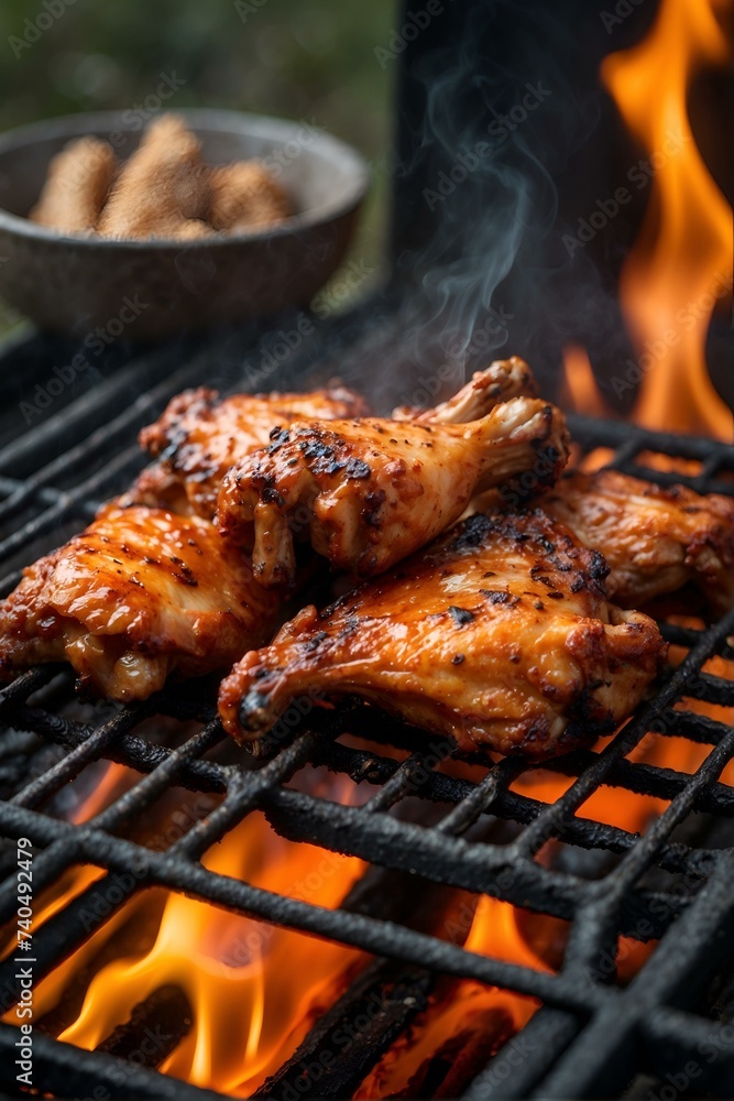 Sizzling chicken wings, perfectly charred on a barbecue grill, evoke the mouth-watering flavors of churrasco and tandoori cuisine, creating a tantalizing street food experience Sizzling chicken wings, perfectly charred on a barbecue grill, evoke the mouth-watering flavors of churrasco and tandoori cuisine, creating a tantalizing street food experience