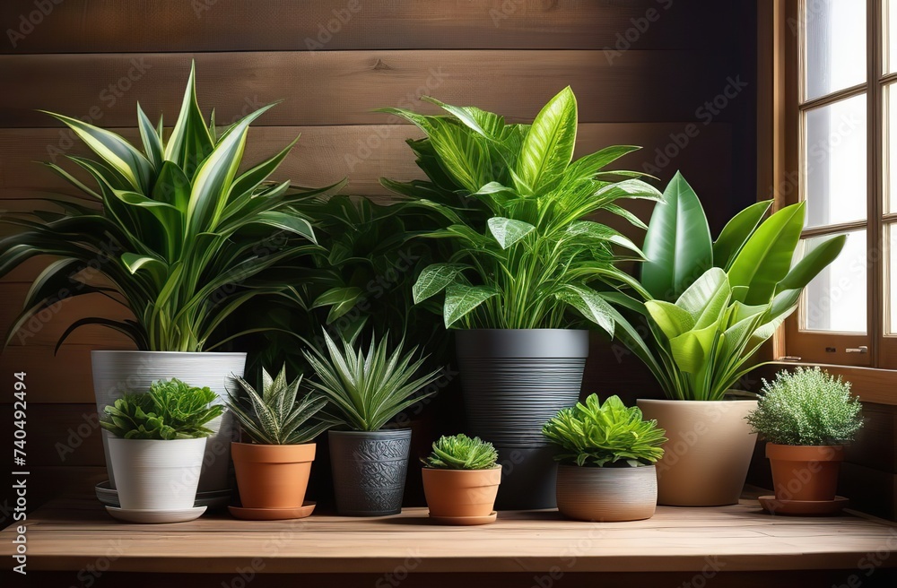 Fototapeta premium Variety of popular potted houseplants over a rustic farmhouse wooden table with space for text.